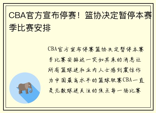 CBA官方宣布停赛！篮协决定暂停本赛季比赛安排